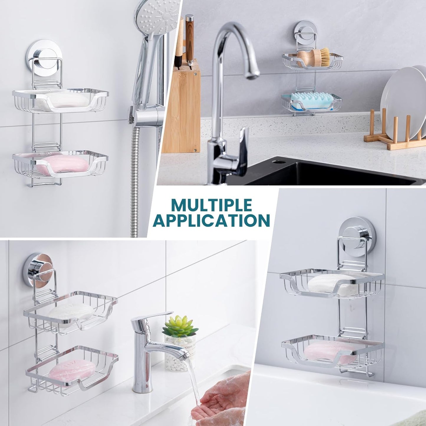 TAILI Double Layer Soap Dish Holder, Bar Soap Tray Suction Cup for Shower Wall, Draining for Bathroom, Rustproof Stainless Steel Sponge Holder for Tub, Kitchen, Drill-Free, Silver