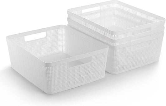 BINO | Woven Plastic Basket | Medium (White), 4-Pack | THE JUTE COLLECTION | Home Organization, Space - Saving Storage, Stylish Design | Jute Basket | Plastic Storage Basket