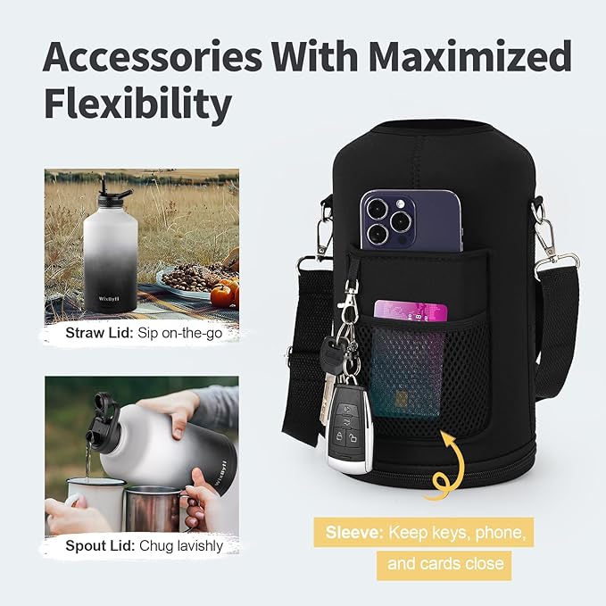 One Gallon Water Bottle Insulated, Triple Wall Vacuum Cold for 48 Hrs & Leak-proof & Non-BPA, 128oz Large Sports Stainless Steel Water Jug with Paracord Handle Straw Spout Lids & DIY Stickers