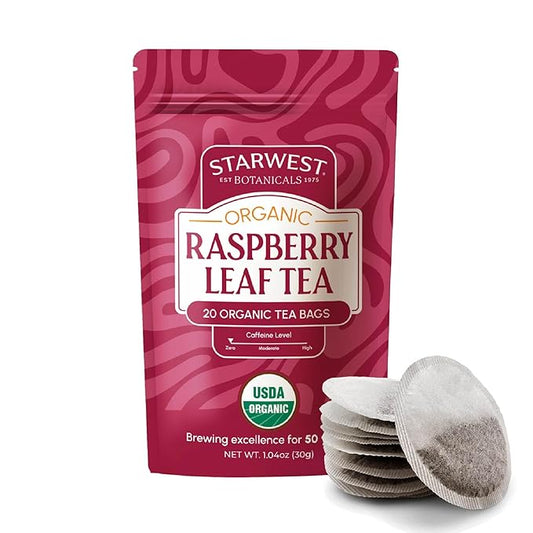 Starwest Botanicals Organic Raspberry Leaf Tea - Caffeine Free Herbal Tea, Supports Wellness for Women, String Free Sachets, USDA Organic Raspberry Leaf, Non GMO - 20 Tea Bags