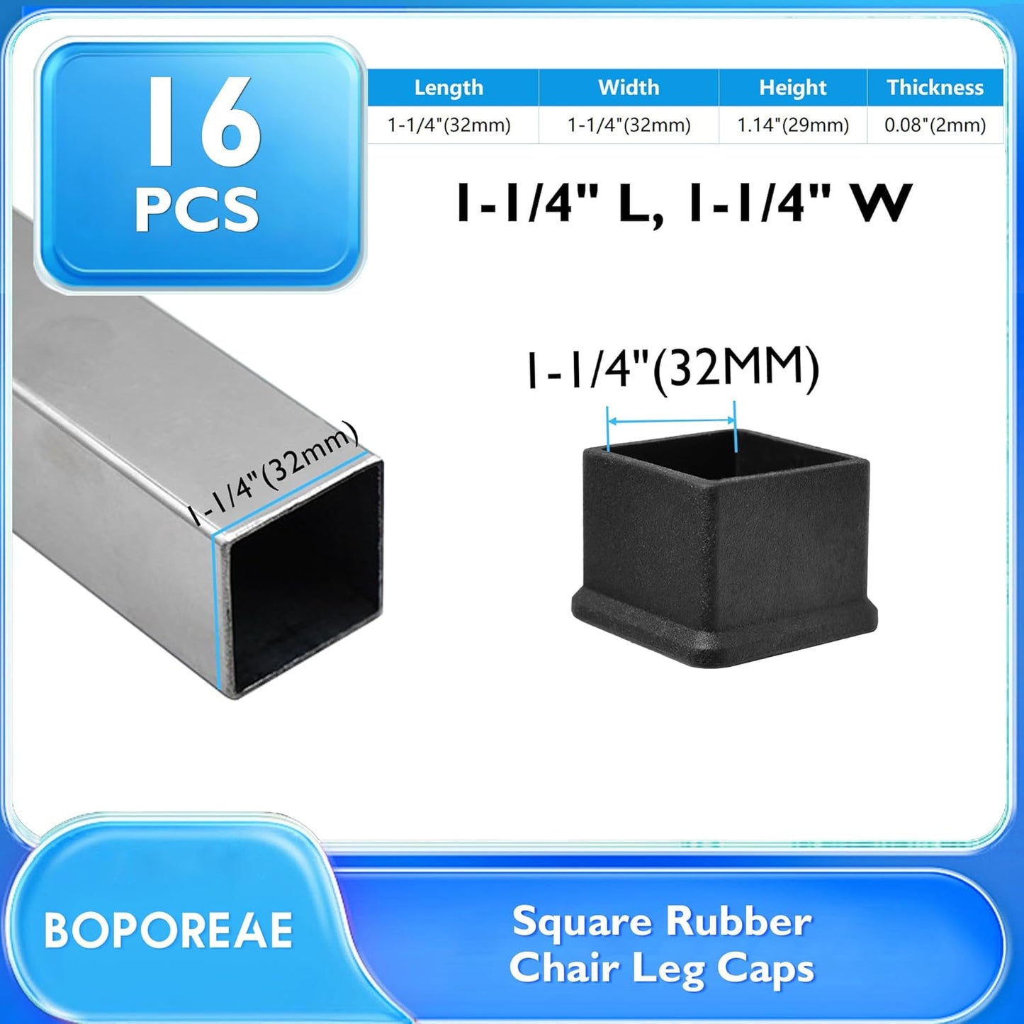 16 Pcs 1-1/4" x 1-1/4" Square Rubber Chair Leg Caps, PVC Table Leg Covers, Flexible & Anti-Slip Furniture Leg End Caps, Chair Leg Floor Protectors for Bar Stool Leg Patio Indoor, Black