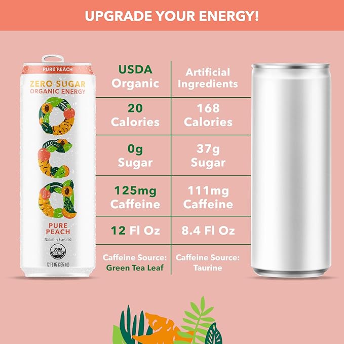 OCA ZERO Pure Peach, Organic energy drink, zero sugar, gluten-free, vegan plant-based, 12 Fl Oz (12-pack)