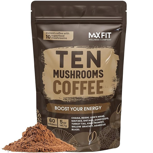 Mushroom Coffee (60 Servings) 10 Mushrooms (Lion’s Mane, Cordyceps, Turkey Tail & Other) Mixed With Gourmet Arabica Instant Immune Boosting Coffee for Focus & Gut Health Support