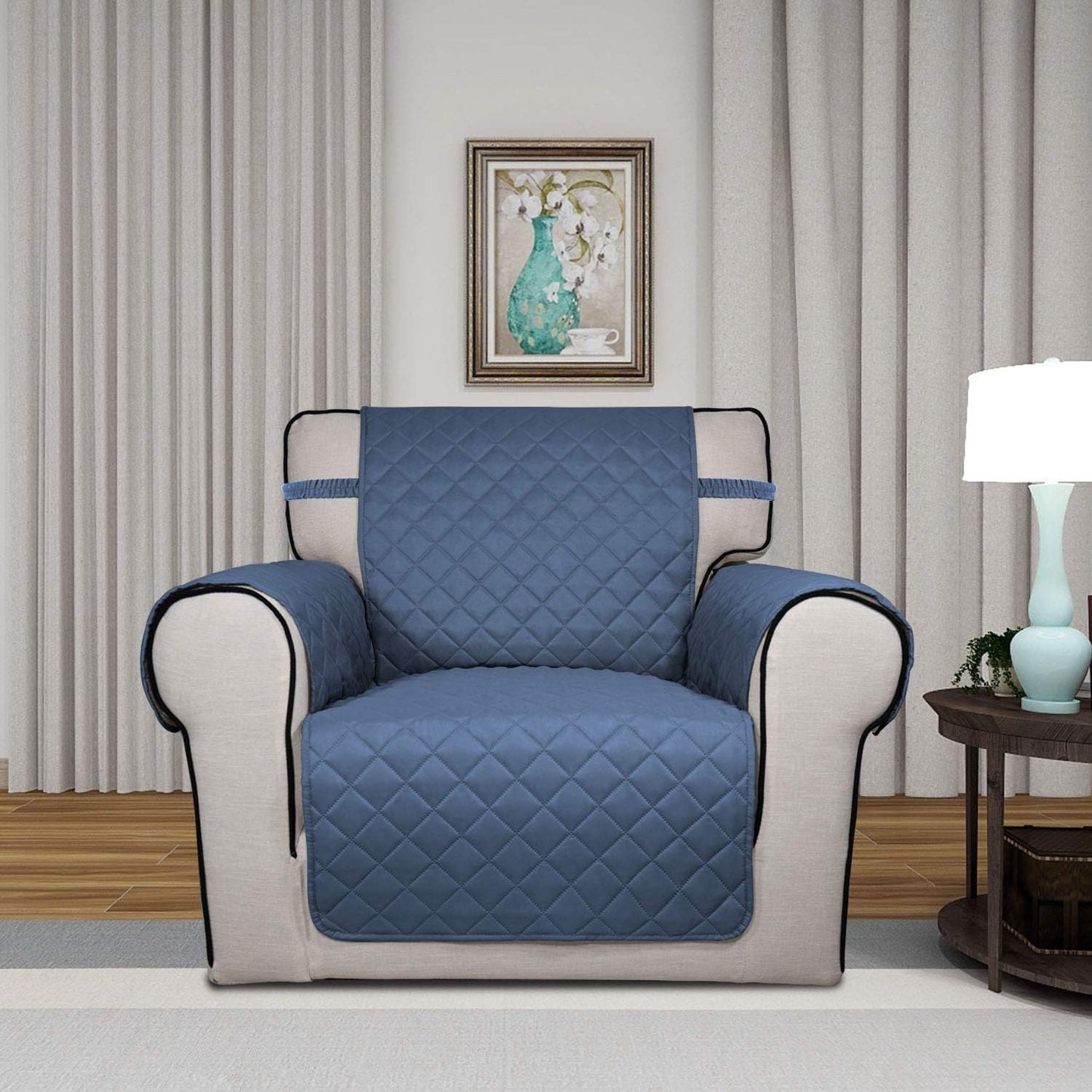 PureFit Reversible Quilted Sofa Cover, Water Resistant Slipcover Furniture Protector, Washable Couch Cover with Non Slip and Elastic Straps for Kids, Dogs, Pets (Chair, Dark Blue/Light Blue)