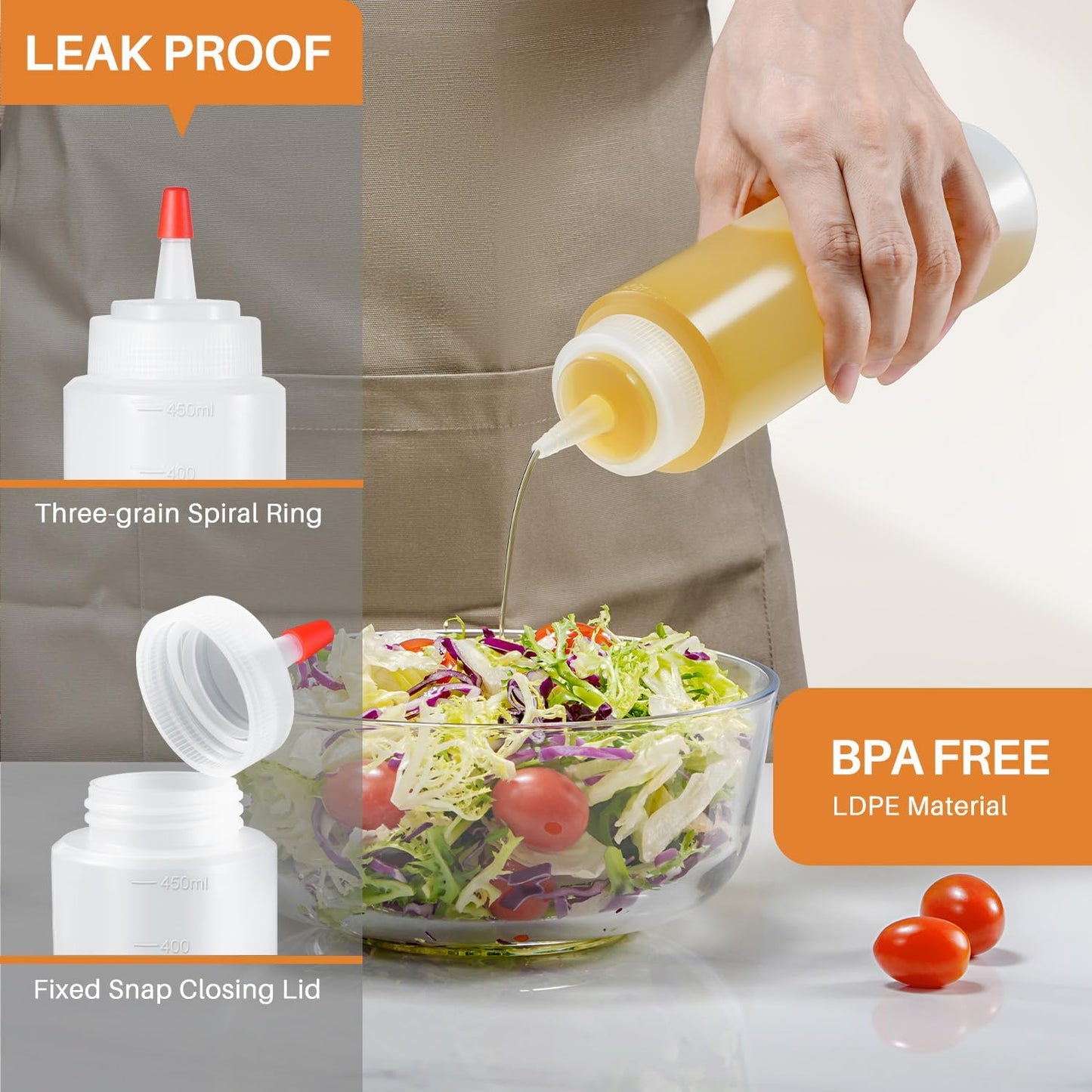 Squeeze Bottles, 16oz Leak-Proof Wide Mouth Condiment Squeeze Bottles for Liquids Sauces Ketchup Oil, 6 Pack