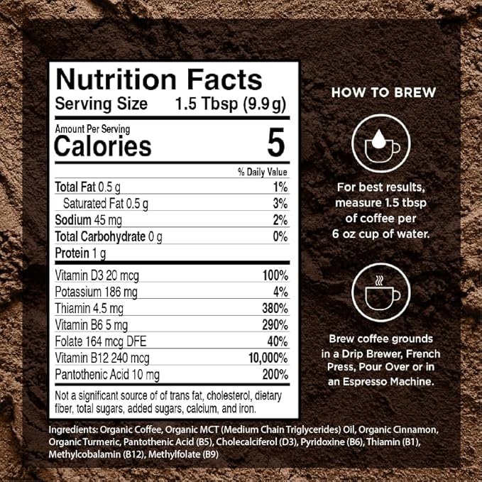 VitaCup Organic Genius Ground Keto Coffee, Increase Energy & Focus w/MCT Oil, Turmeric, B Vitamins, D3, USDA Organic Ground Coffee Medium Dark Roast, 100% Arabica Beans, 6 bags, 10 oz each