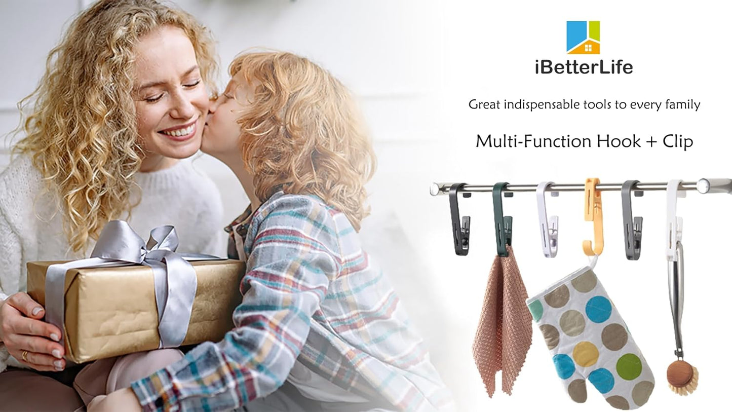 iBetterLife 4Pcs Laundry Hooks with Clips Hanger Heavy Duty Outdoor Clothes Pins, Closet Organizer Single Clamps Hanging Socks Boot Bras Underwear Kids Towels for Bathroom Wardrobe Kitchen Office