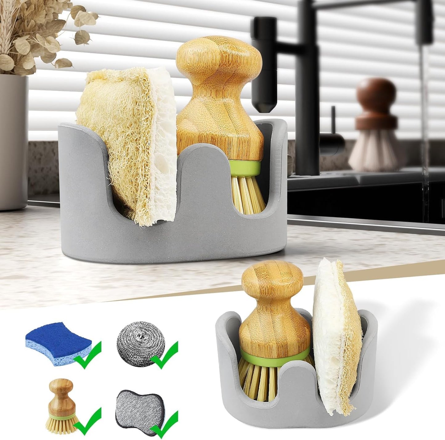 Double Sponge Holder, 2 Slots Diatomite Stone Sponge Holder, Absorbent Sponge Stand for Kitchen Sink, Quick Dry Dish Brush Holder Kitchen Sink Organizer, Gray