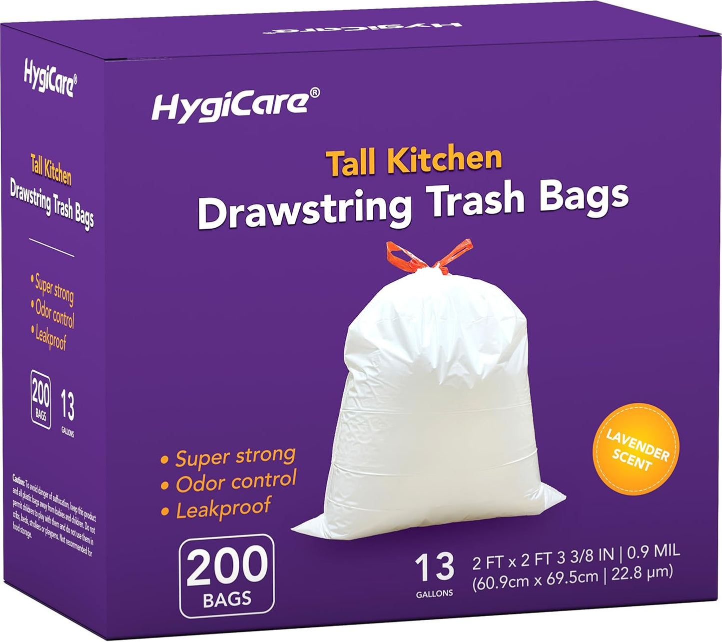 13 Gallon Tall Kichen Trash Bags, Lavender Scented 200 Count Drawstring Garbage Bags, Pre-Separated, Odor Control, Ultra Strong, Leakproof, Sturdy, White