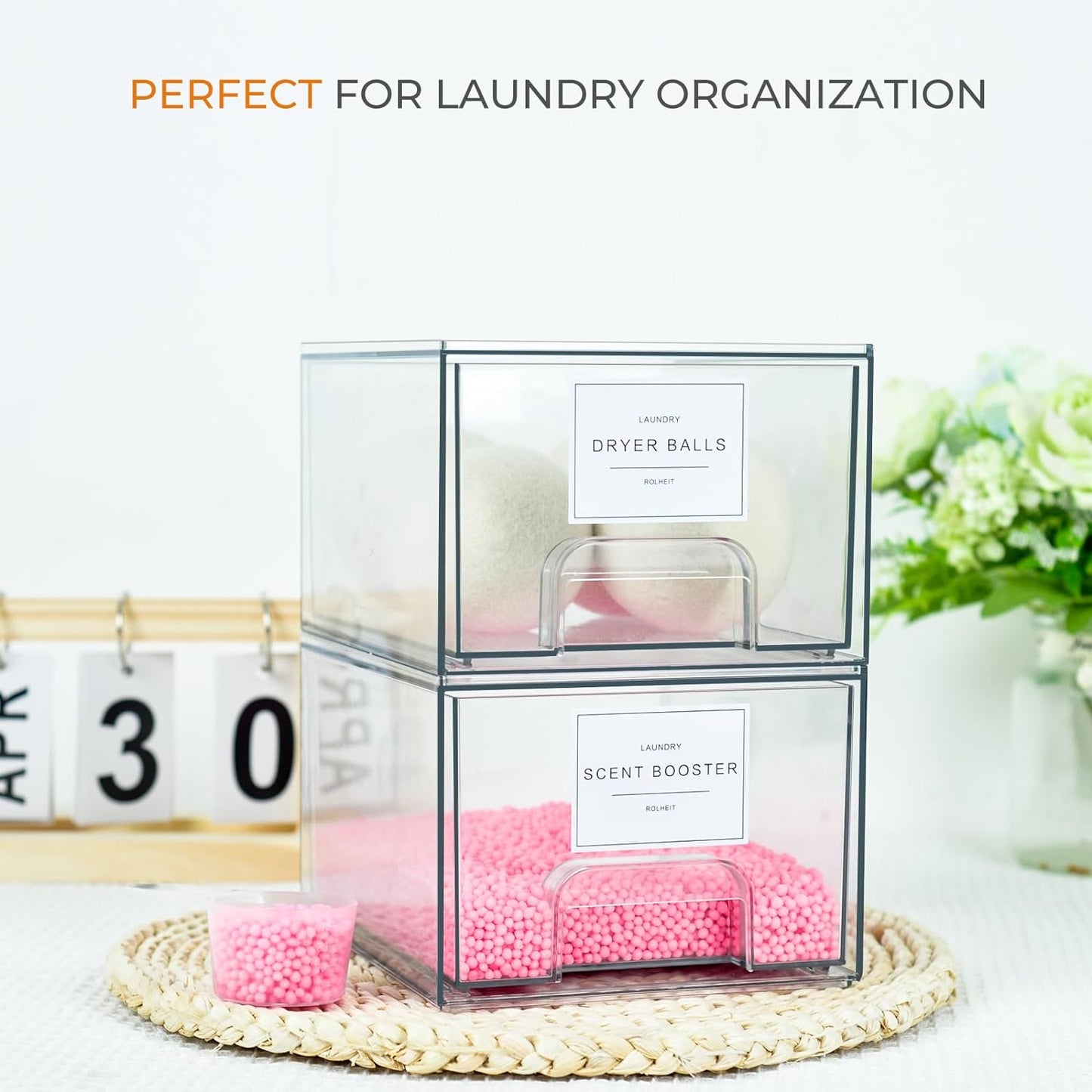 2 Pack Laundry Room Organization Storage Drawers with Labels, Clear Stackable Dryer Sheet Holder and Pod Containers, Detergent Dispenser for Laundry Room Organizing and Decor