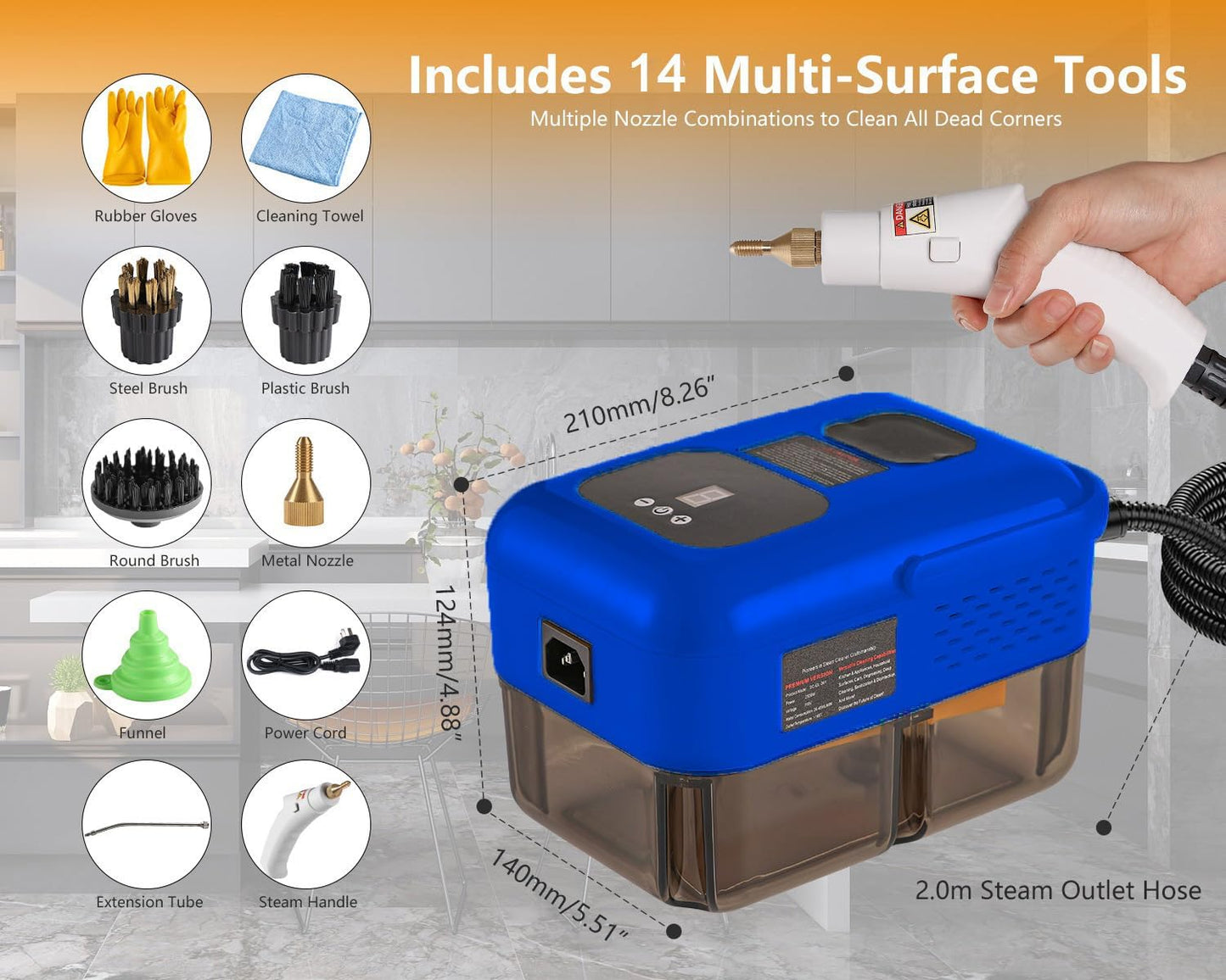 Handheld Steam Cleaner for Home, 2500W High Pressure Steamer for Cleaning, 9-Level Multipurpose Steam Cleaner for Car Floor Upholstery Kitchen Bathroom Grout Tile, 14 Accessories Included (Dark Blue)