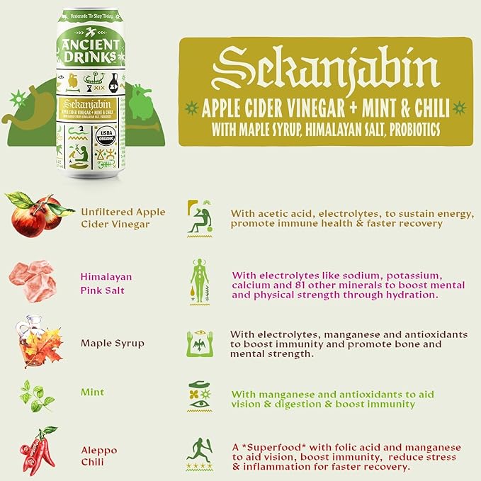 ANCIENT DRINKS Apple Cider Vinegar Beverage with Electrolytes, Vitamins, & Probiotics, Organic, Super-Hydrating Sports Drink - Sekanjabin (Mint & Chili) - 16 fl oz (12 cans)