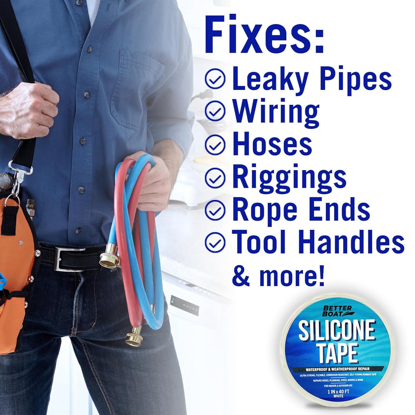 White Heavy Duty Silicone Tape, Self-Fusing Rubber Hose and Plumbing Water Pipe Repair Seal, Coax Electrical or Waterproof Tape for Leaks, 40ft