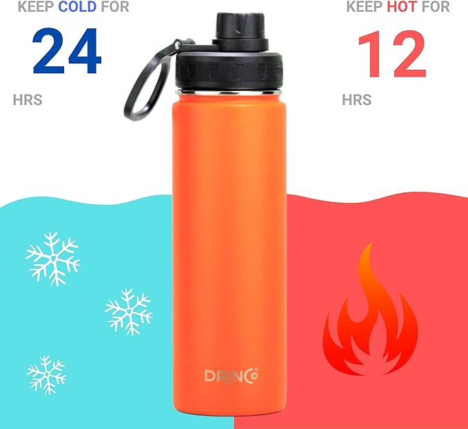 DRINCO Stainless Steel Water Bottle Spout Lid Vacuum Insulated Double Wall Water Bottle Wide Mouth (40oz 32oz 22oz 18oz 14oz) Leak Proof Keep Cold Sport Camping Hiking (22 oz, 22oz Orange)
