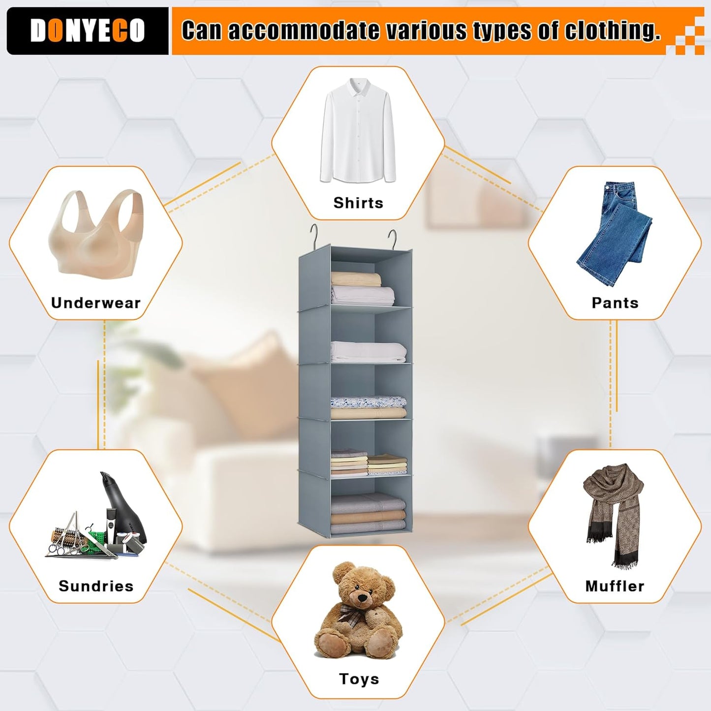 Hanging Closet Organizer 5-Shelf, Easy Mount Foldable Wardrobe Storage Shelves, Clothes Handbag Shoes Accessories, Washable Oxford Cloth Fabric, Gray