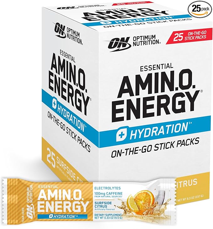 Optimum Nutrition Amino Energy Plus Hydration Packets, On-The-Go Caffiene Stick Packs, Surfside Citrus, 25 Count