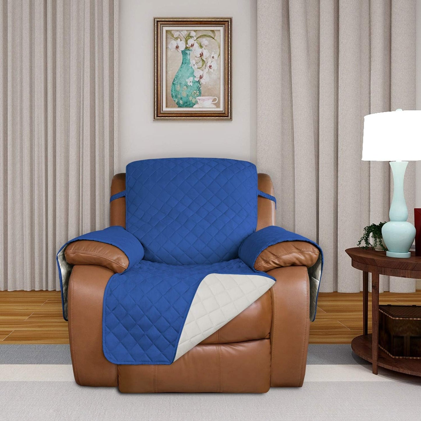 PureFit Reversible Quilted Oversized Recliner Sofa Cover, Water Resistant Furniture Protector, Washable Couch Cover with Elastic Straps for Kids, Pets (Large, Classic Blue/Ivory)