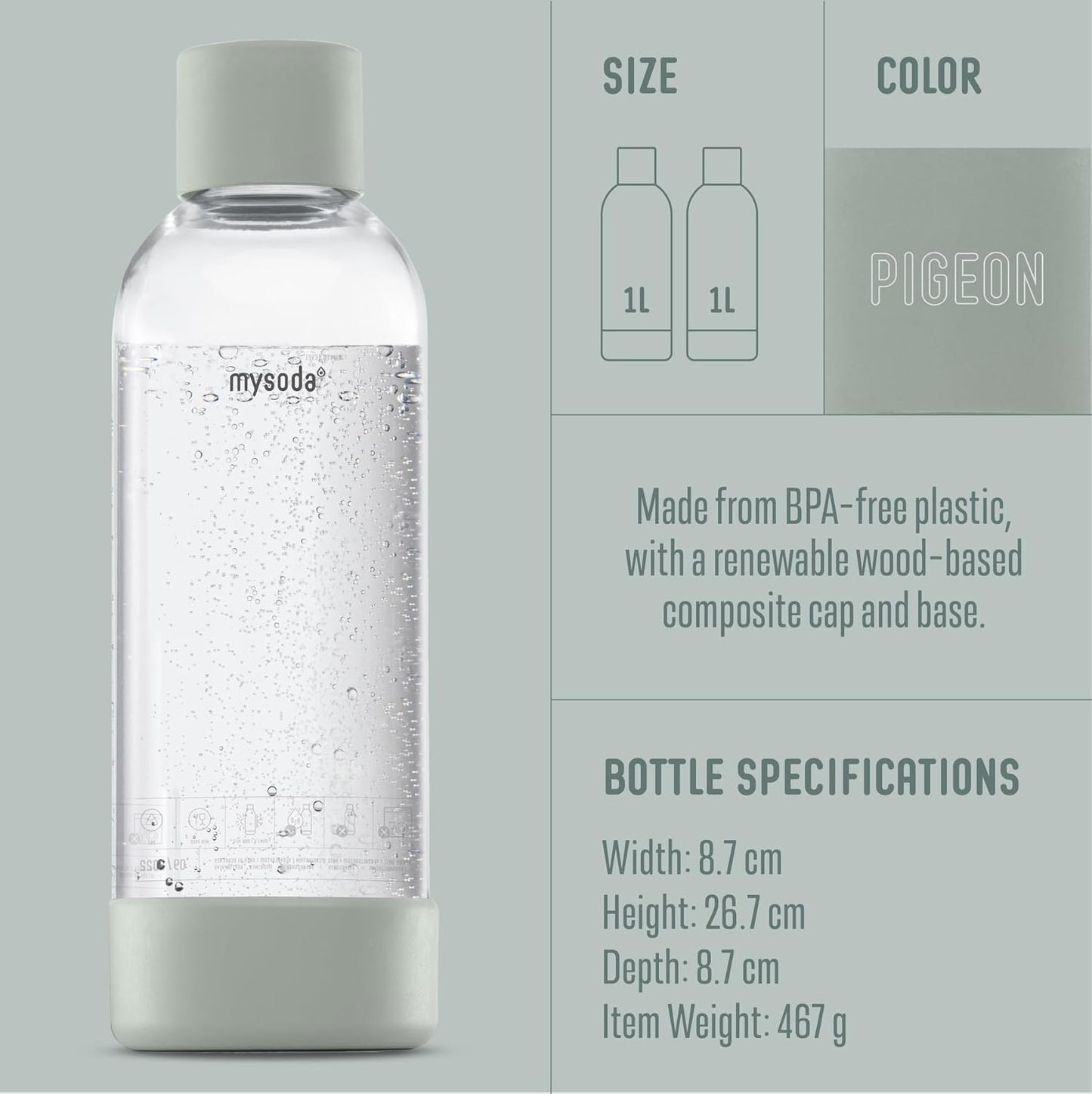 Mysoda Carbonating Bottles 2Pck 1L - Compatible with MySoda and any brands - Quick-Lock Reusable Bottles - Lid and Base Made of Wood Composite - BPA Free - Sage Green