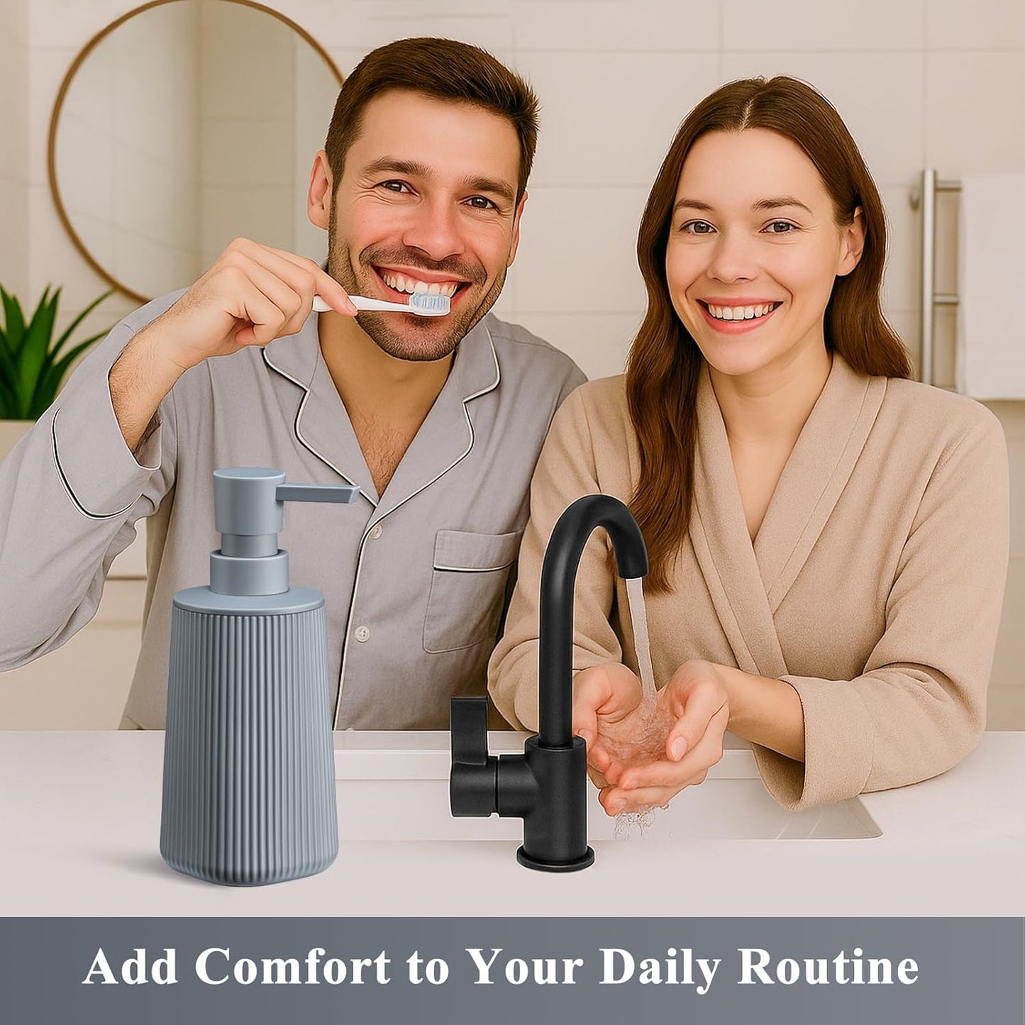 Gray Hand Soap Dispenser with No Rust Pump for Bathroom and Kitchen Countertops Refillable Striped Matte Plastic 8.5 oz