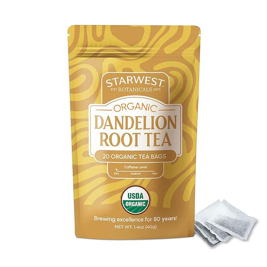Starwest Botanicals Organic Dandelion Root Tea - Cleansing Herbal Tea, Caffeine Free, Natural Elimination Support, String Free Sachets, USDA Organic Dandelion Root Roasted, Non GMO - 20 Tea Bags