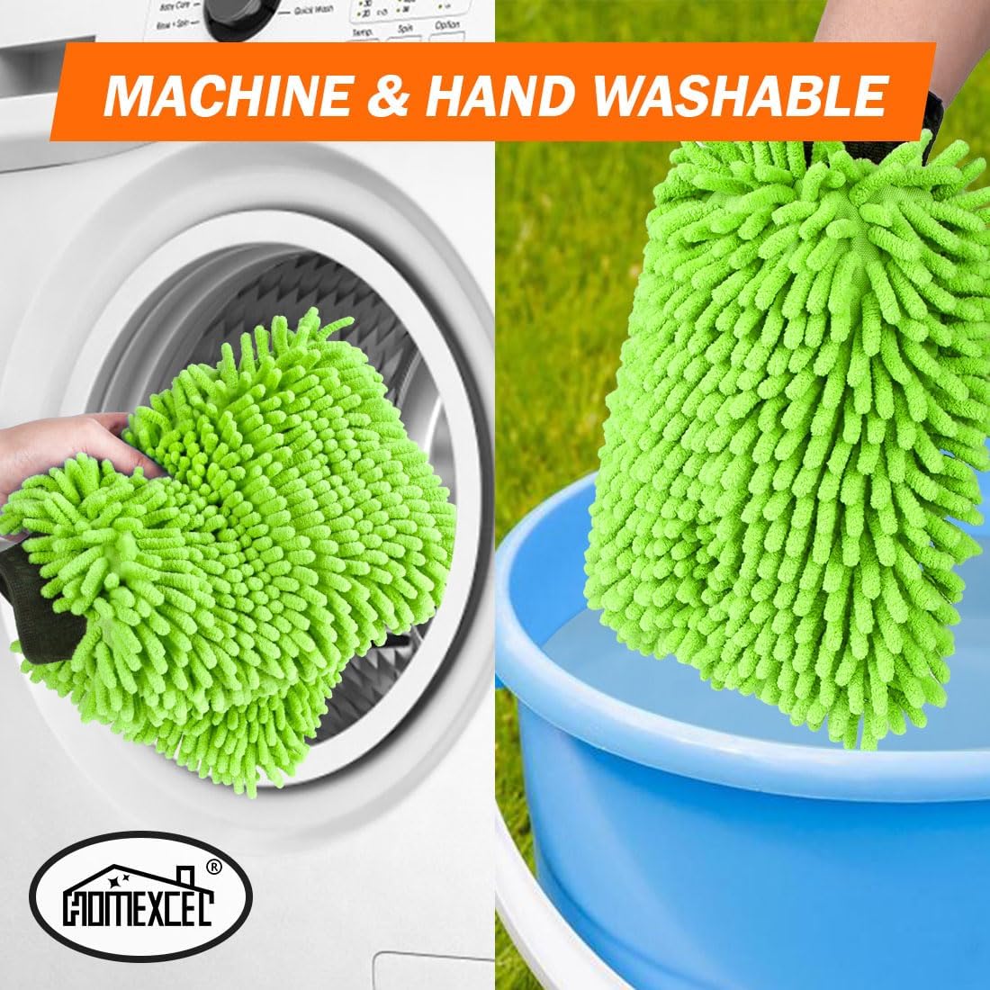 HOMEXCEL Car Wash Mitt, 2PK Chenille Microfiber Wash Mitt, Scratch-Free & Lint-Free, Rich Foam, Highly Absorbent, Double Sided, Perfect for Car Washing and Detailing, 10.2" x 6.7 ", Green