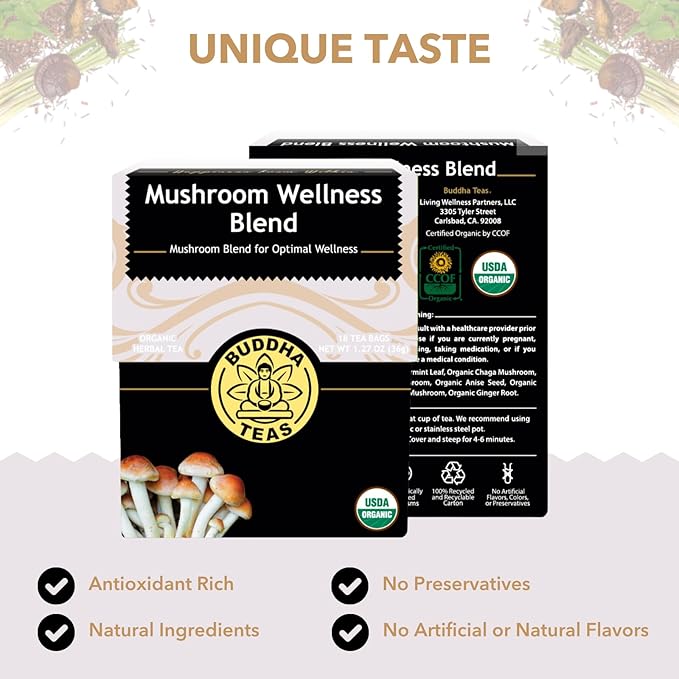 Buddha Teas - Organic Mushroom Wellness Blend - Herbal Tea - For Health & Wellbeing - With Antioxidants & Minerals - Clean Ingredients - Caffeine Free - OU Kosher & Non-GMO - 18 Tea Bags (Pack of 1).