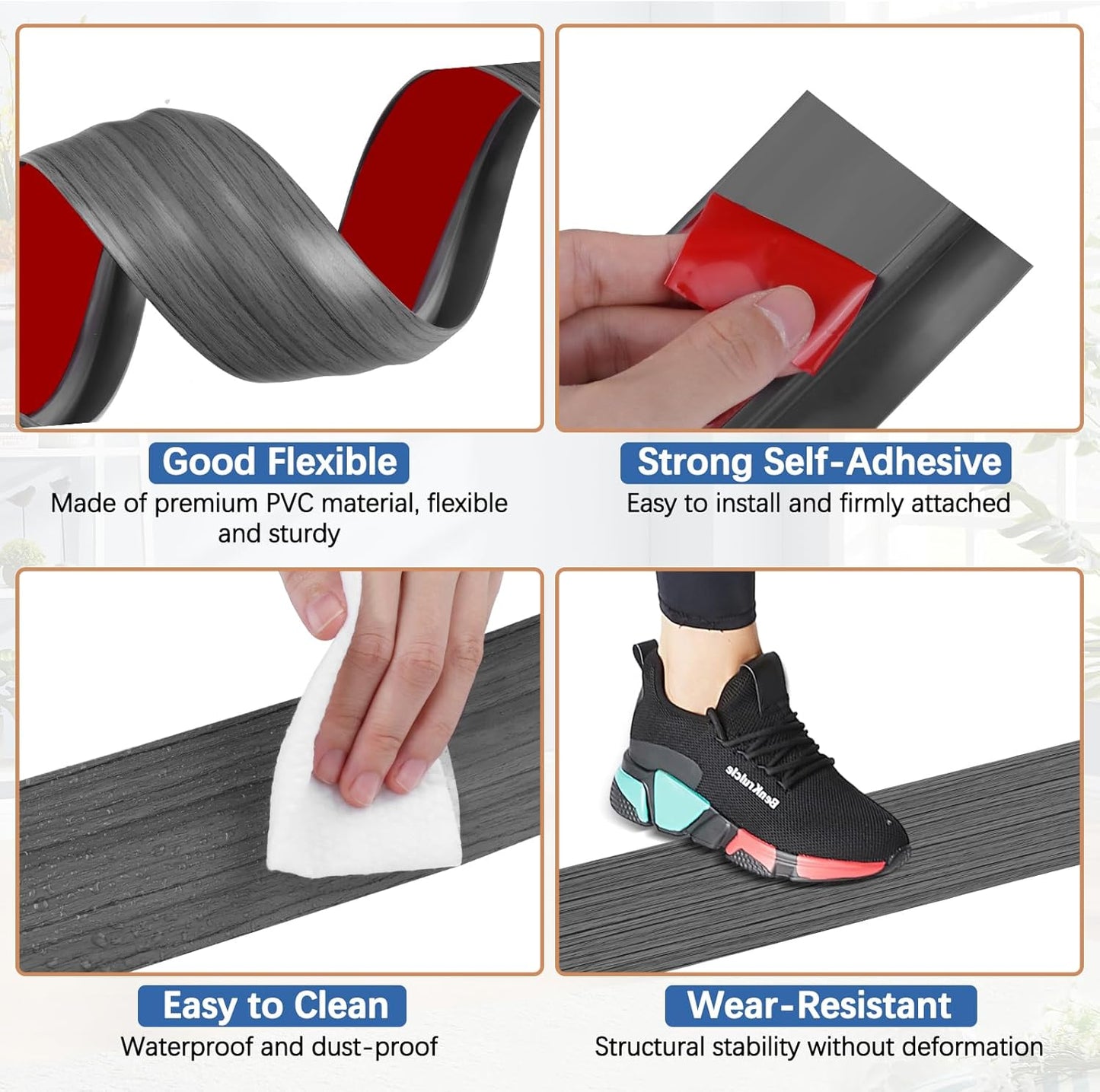 Vinyl Door Threshold Flooring Transition Strip Self Adhesive Carpet Edging Strip for Laminate Doorway Edge Threshold from 3/5" to 4/5" (Dark Gray Wood Grain, 6.6 Ft)