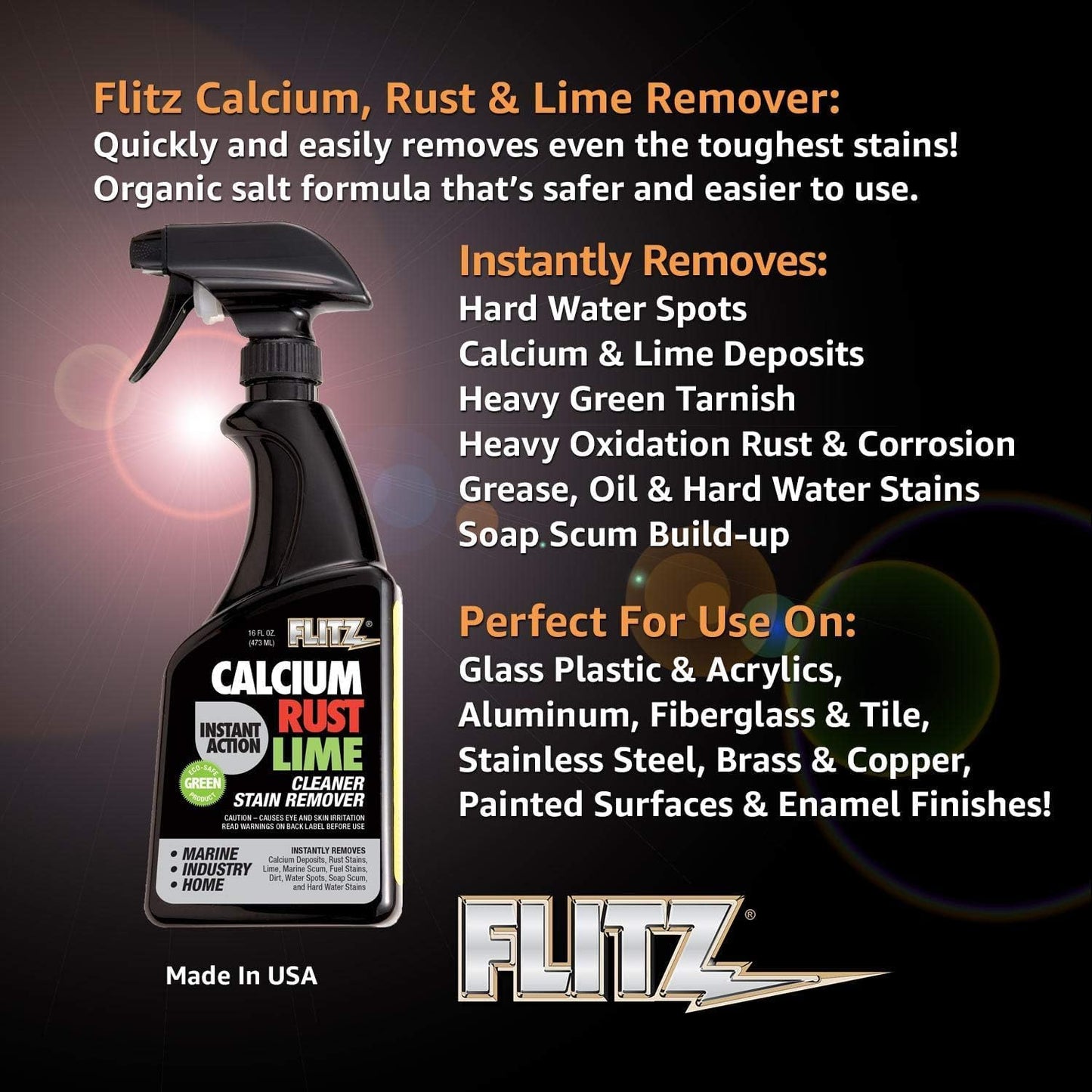 Flitz Calcium, Rust, & Lime Remover - 16oz Bottle of USA-Made Limescale Remover for Toilets, Showers, and More - Powerful Spray that Instantly Eliminates Tarnish, Grease, and Other Grime (1 Pack)