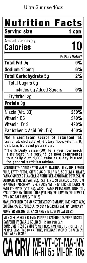 Monster Energy Ultra Sunrise, Sugar Free Energy Drink, 16 Fl Oz (Pack of 15)