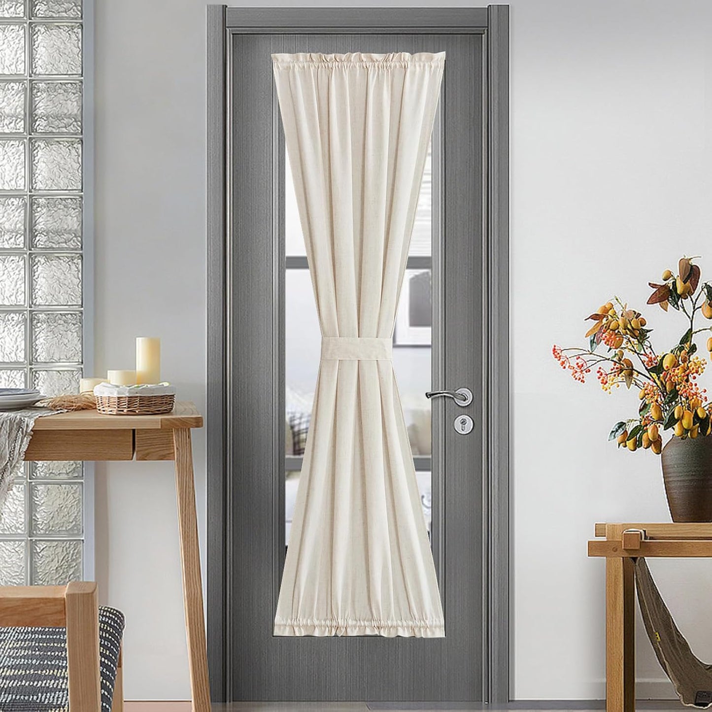NICETOWN Blackout French Door Curtains for Privacy, Farmhouse Linen Room Darkening Door Shade for Living Room, Rod Pocket Kitchen Curtains (Natual, 36" W x 72" L, 1 Panel)