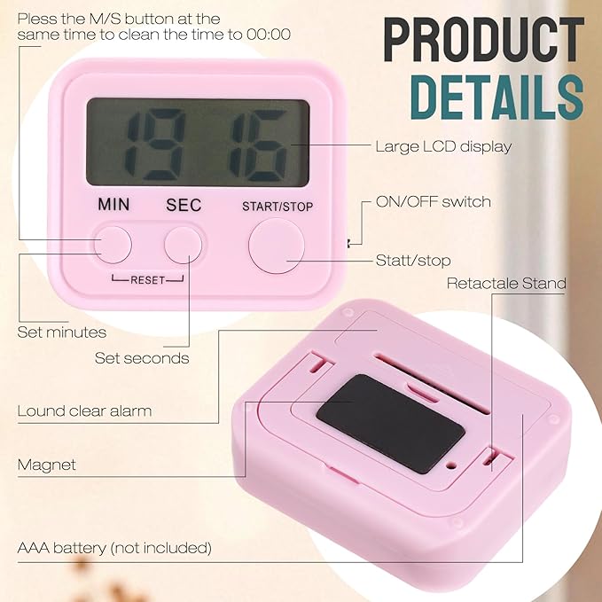 Weewooday 24 Pcs Digital Kitchen Timer Magnetic Timer Bulk On/Off Switch Minute Second Count up Countdown Loud Alarm for Exercise Cook Baking(White, Pink, Light Blue, Dark Green)