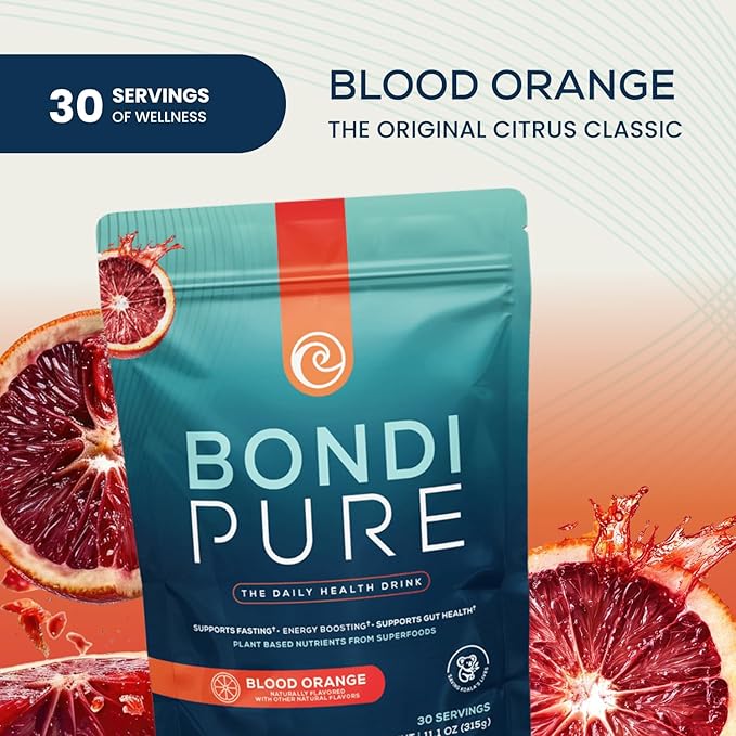 Bondi Pure - Daily Health & Detox Drink - Promote Gut Health & Energy Support During a Cleanse or Intermittent Fasting - Plant-Based Fibers, Alkalizing Super Greens - Blood Orange (2-Pack)