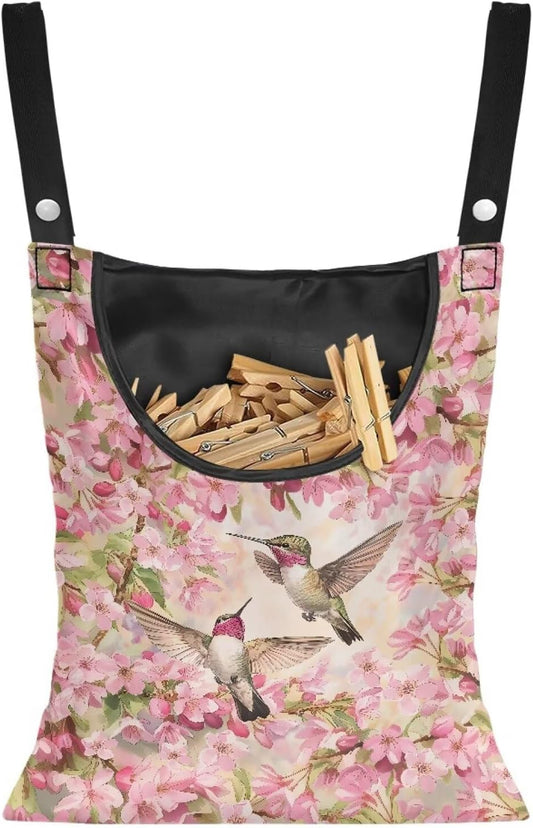 Hummingbird and Cherry Blossom Clothespin Storage Bag, Space-Saving Organize Clothespin Bag with A Large Opening for Clothesline Outdoor