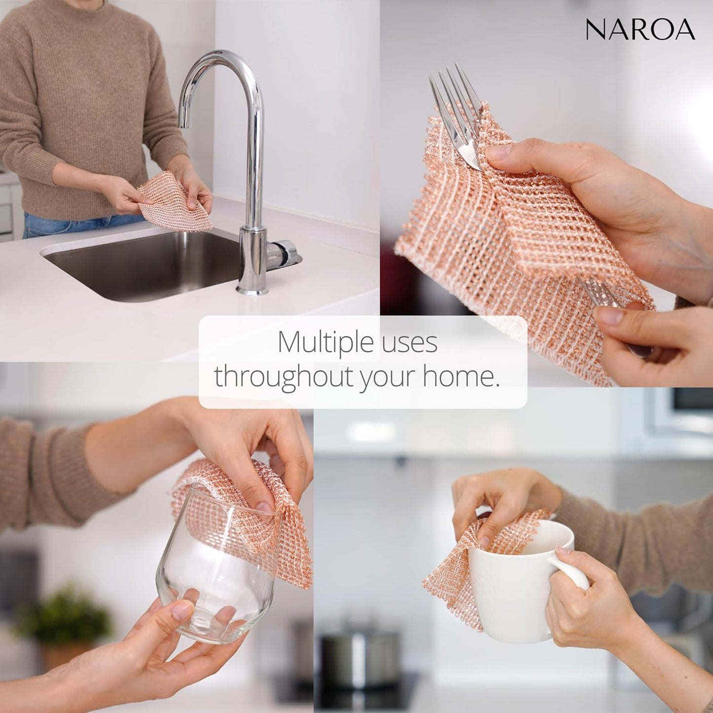 Naroa Copper Scrubbing Pads 3 Pack | 2-Ply Non-Abrasive Metal Mesh Scrubber | Reusable Copper Cleaning Cloth for Stainless Steel, Pots, Pans, Cast Iron | Kitchen Supplies Dishwashing Tools