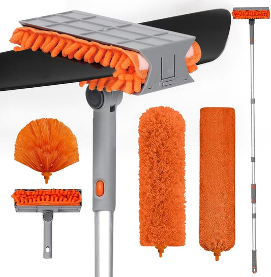 Ceiling Fan Cleaner Duster with 72‘’ Extendable Long Handle Cleaning Duster Kit, Reusable Chenille & Microfiber Mop Head for High Ceiling Fan Blade Wall Blinds Cobweb