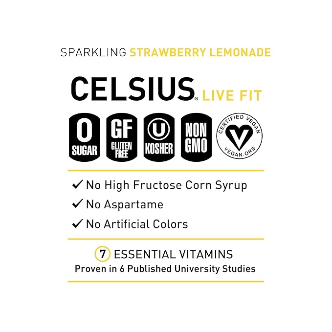CELSIUS Sparkling Strawberry Lemonade, Functional Essential Energy Drink, 12 Fl Oz (Pack of 12)