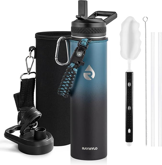 Insulated Water Bottle 24oz, Triple Wall Vacuum Stainless Steel (Cold for 48 Hrs, Hot for 24Hrs), Leak Proof & Non-BPA, 24oz Hydro Water Flask with Paracord Handle & Straw Spout Lids