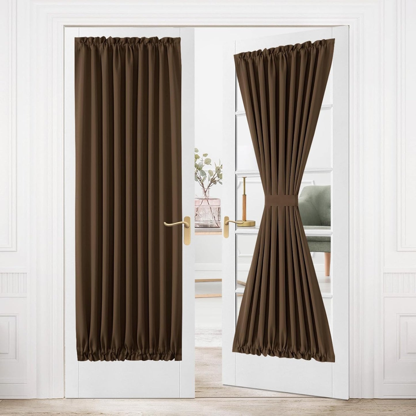 DWCN French Door Curtains – Rod Pocket Thermal Blackout Curtain for Window/Patio Doors/Doorways/Classroom/Kitchen for Privacy, 36W by 80L Inches, 1 Panel with Tieback, Brown