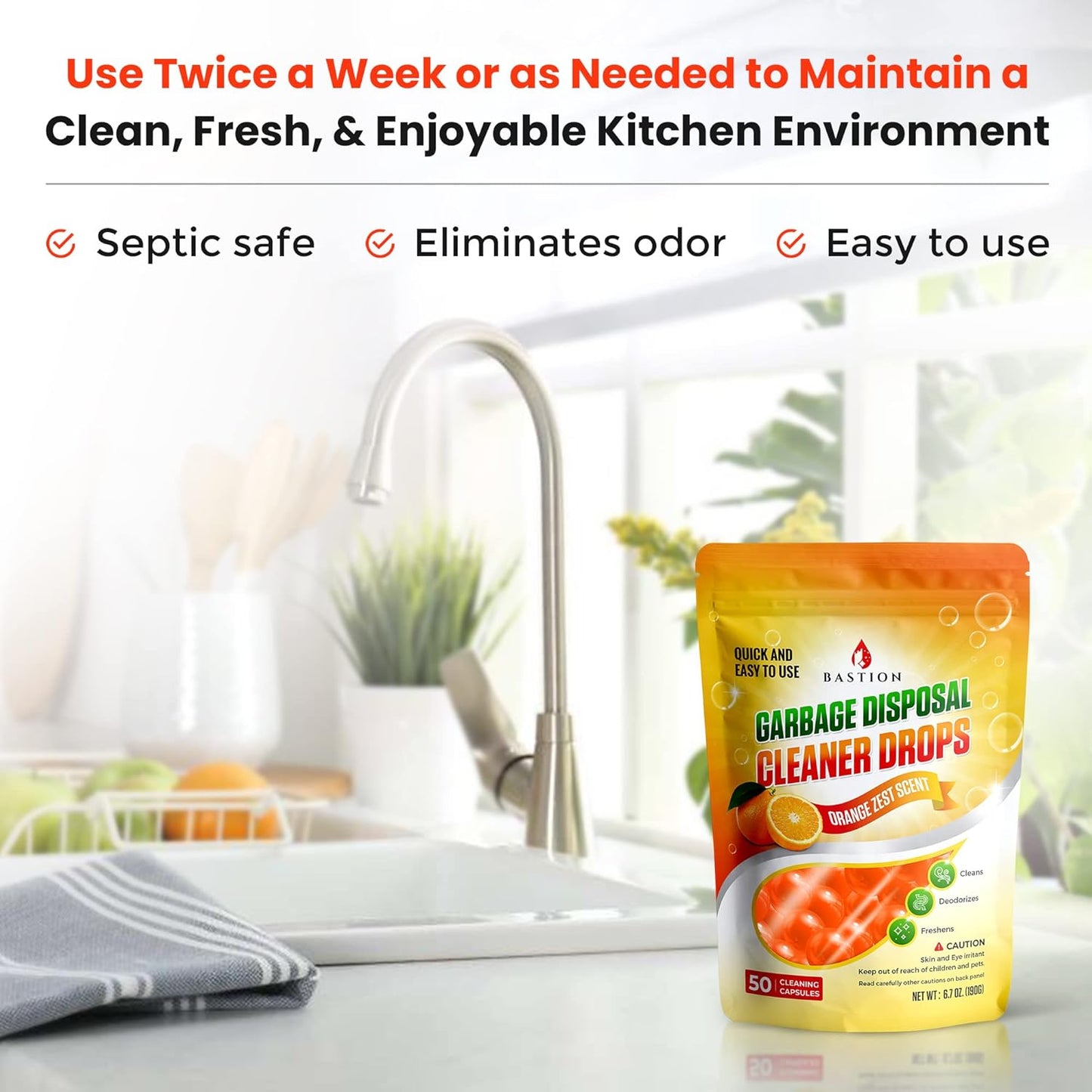 Bastion Garbage Disposal Cleaner and Deodorizer Drops- [[50-Count]] Orange Zest Scented Kitchen Sink Freshener Pods & Drain Odor Eliminator Disposer Care Balls