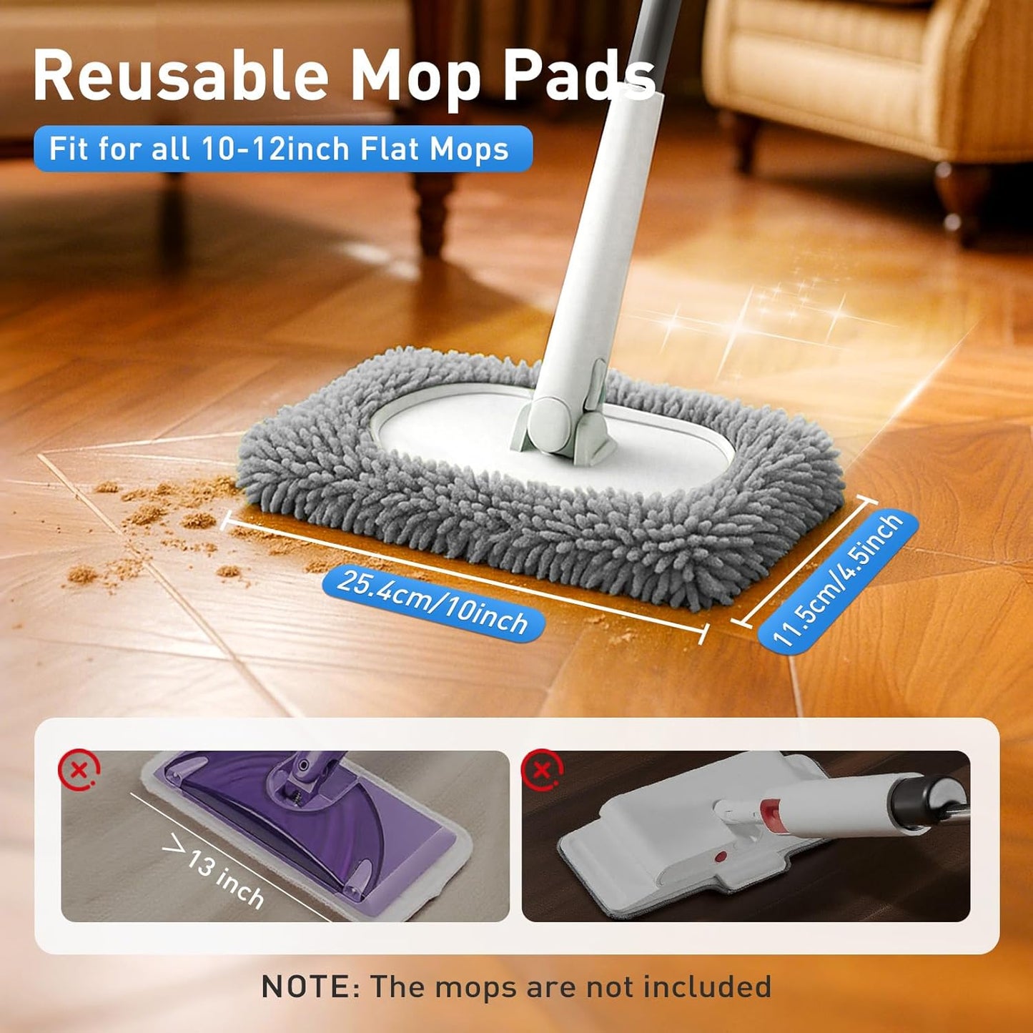 6PCS Reusable Mop Pads Fit for Flat Mops, Chenille Mop Refill Pads Washable Mop Covers, Household Replacement Mop Pads Wet & Dry Sweeping Cloths Mopping Pad Refills for Hardwood Floor Cleaning (Gray)