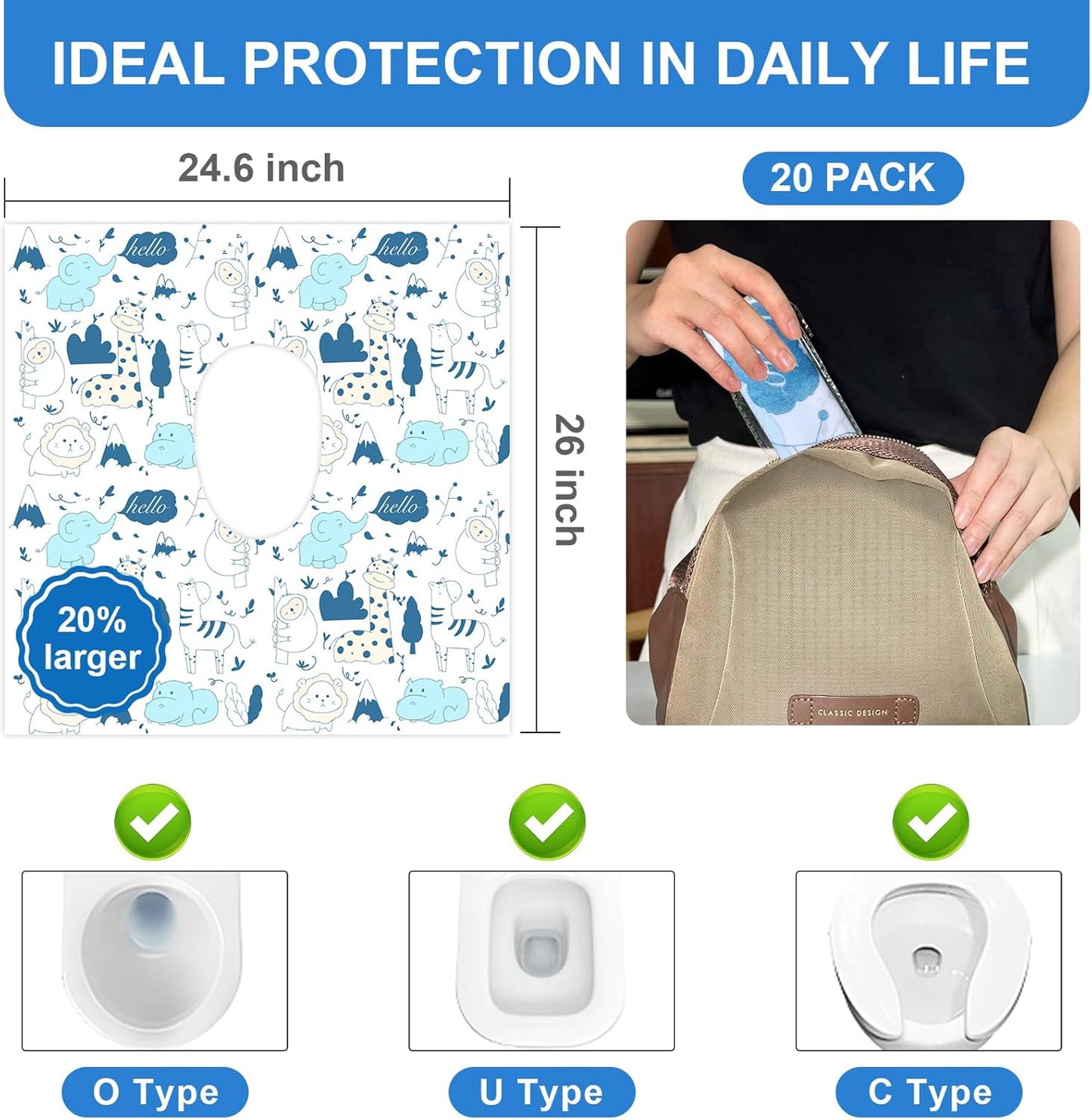20 PCS Disposable Toilet Seat Covers, Extra Large Portable Potty Seat Covers for Toilet, Bathroom, Toddler & Kid Potty Training Seat Cover, Travel Essentials for Airplane, Trip-Animal