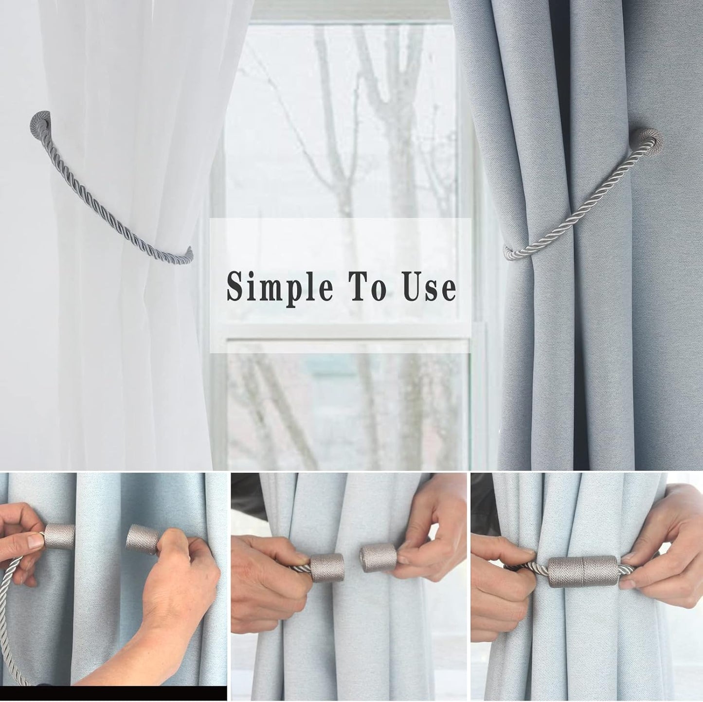 Magnetic Curtain Tiebacks 6 Pack Grey Curtain Rope Tieback Curtain Holders for Drapes Modern Tie Backs Decorative Curtain Holdbacks