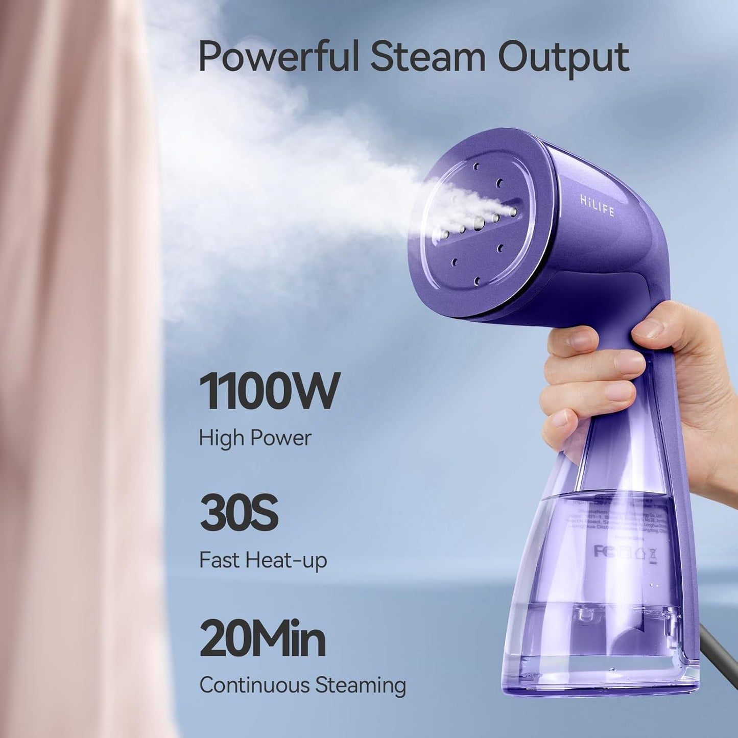 HiLIFE Steamer for Clothes, 1100W Clothes Steamer with Large 300ml Tank, Handheld Clothing Steamer, Fabric Wrinkle Remover, Portable & Compact Travel Size Garment Steamer ONLY FOR 120V (Purple)