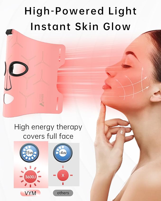 VYM Infrared Light Therapy Mask: High Power for Glowing Skin – Ultra-Thin 1.8mm 4.6oz, 830nm 633nm 590nm, Rechargeable, Red light therapy for face Luxury Gift - Pink Windmill