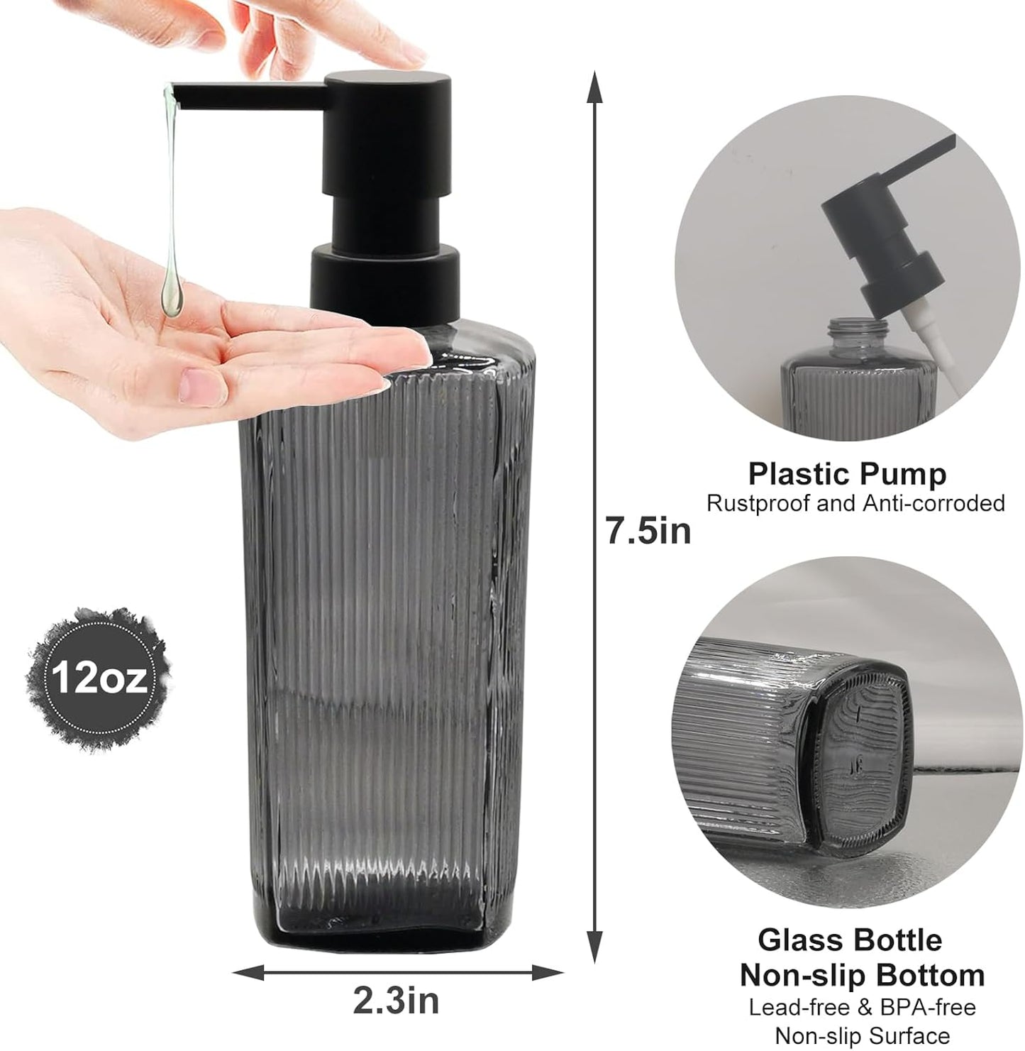 Grey Glass Soap Dispenser with Black Plastic Pump, 12oz Lotion Dish Dispenser, Refillable Liquid Hand Soap Dispenser for Modern Home Decor, Bathroom, Kitchen Countertop, Hotel