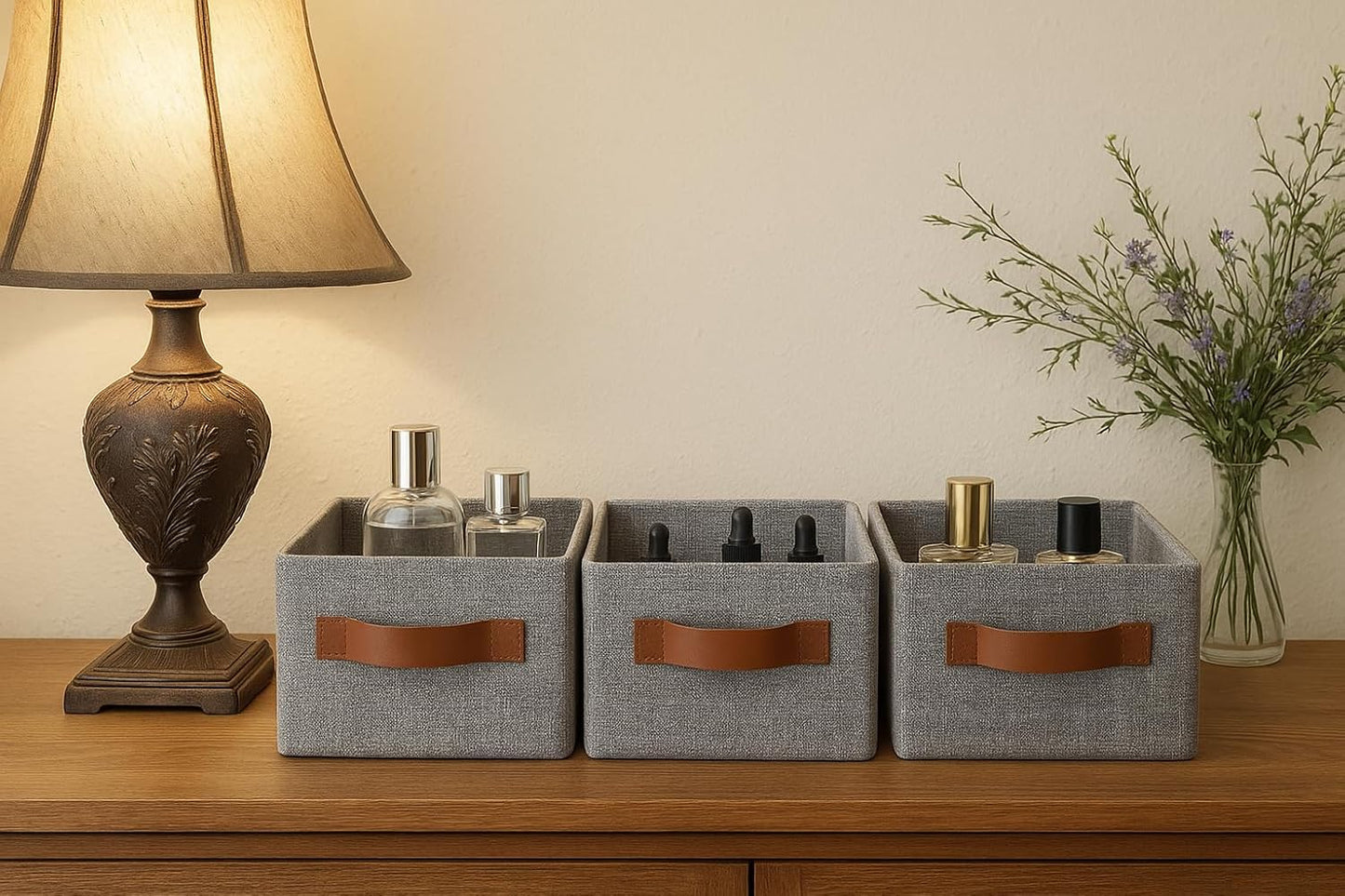 GRANNY SAYS Small Fabric Storage Bins with PU Handles, Storage Baskets for Shelves, Perfume Storage, Narrow Baskets for Organizing DVD, Photos, Aromatherapy, Scarf, Diaper, Cd, 3-Pack, Gray