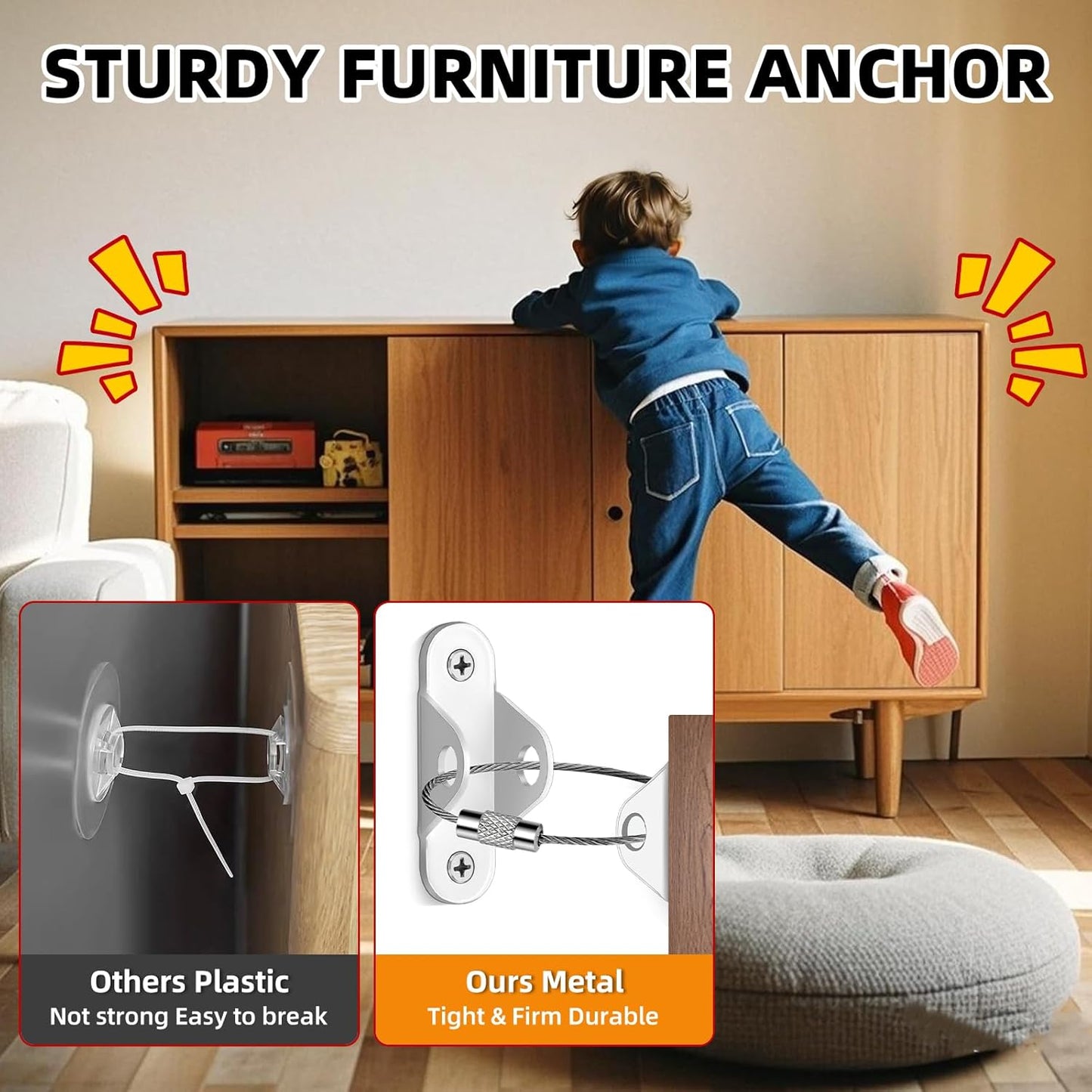 10-Pack Baby Proof Heavy Duty Furniture Anchors for Dressers, Bookcases and TV Cabinets 400LB Anti Tip Kit with Stainless Steel Hardware Shock Straps (White)