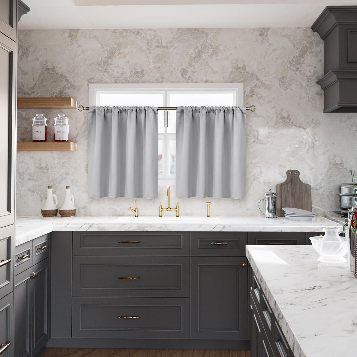 BGment Light Grey Blackout Curtains 30 Inches Long for Kitchen Cafe Window - Half Window Drapes with Rod Pocket Small Curtain Privacy for Rv Camper Bathroom, 2 Panels, 34 x 30 Inch