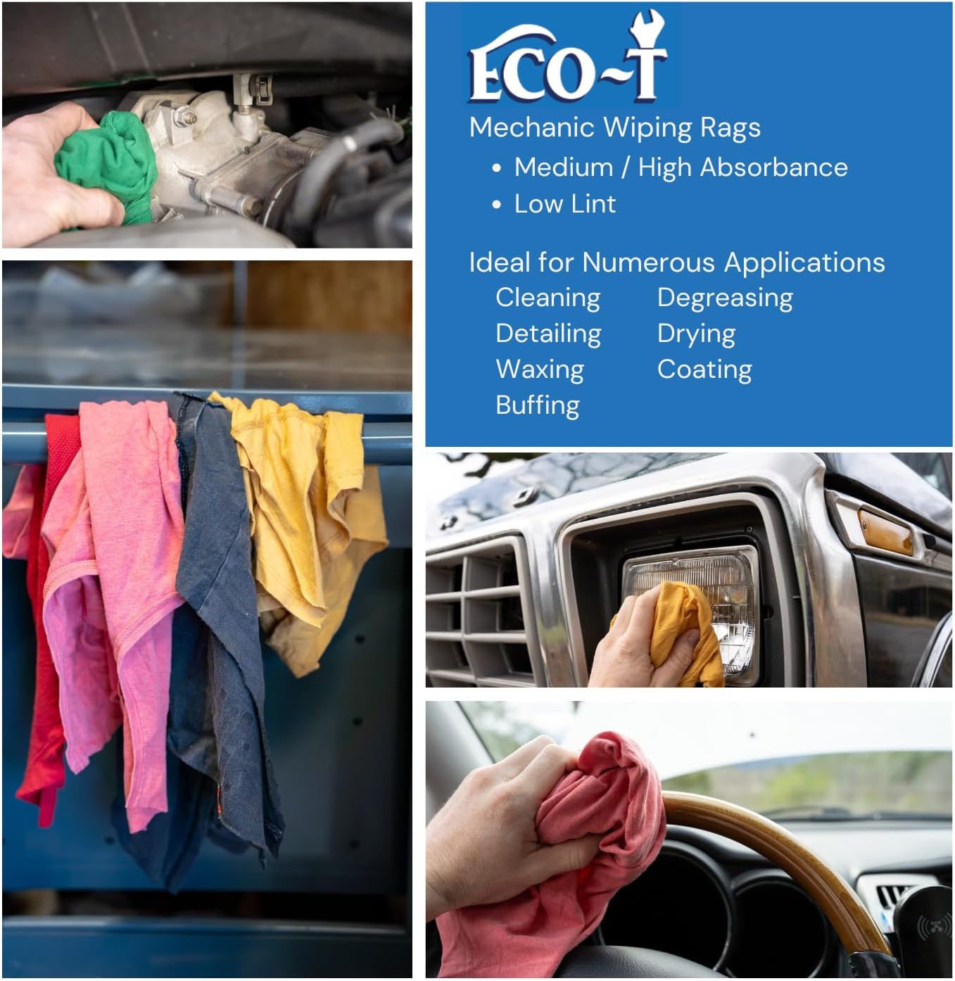 10 Lb Box Eco-T Mechanic Shop Rags - Colored T-Shirt Material, 100% Recycled, Eco-Friendly, High Absorbency, Low Lint, Low-Cost, Industrial Use Wiping Cloth