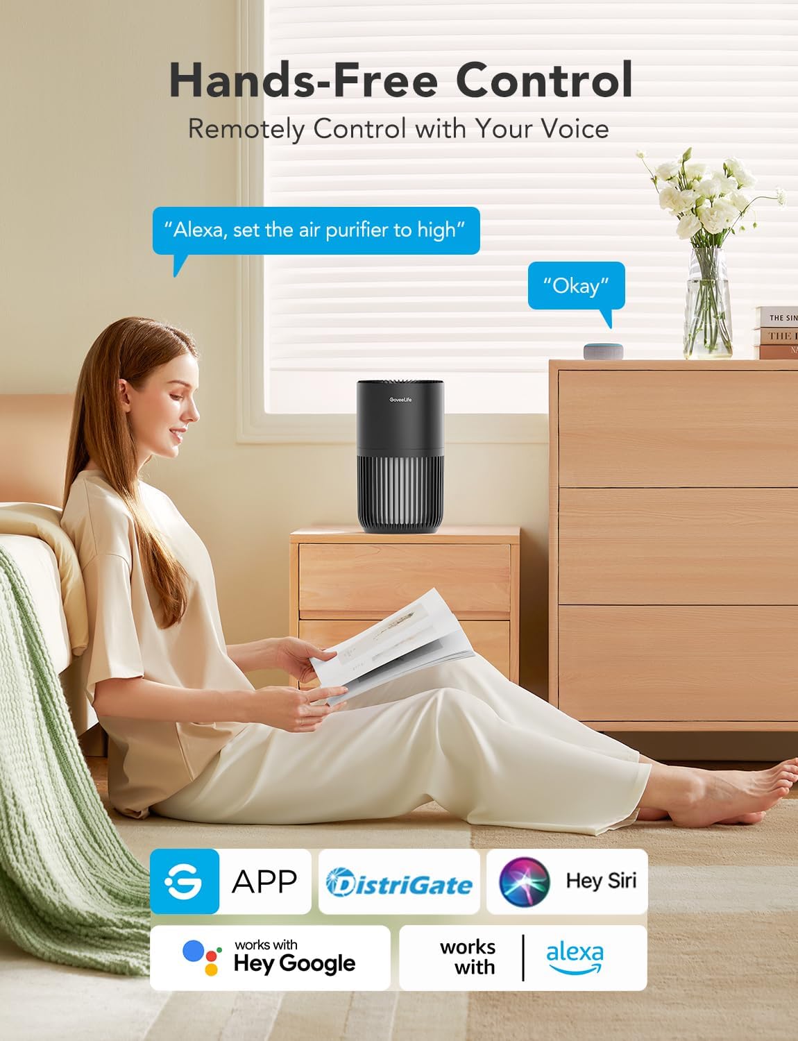 GoveeLife Mini Air Purifier for Bedroom, Smart Filter Air Purifier with App Alexa Control for Pet Hair, Odors, Pollen, Smoke, Portable Air Cleaner with 3 Speeds, 2 Modes, Timer, Aroma for Home